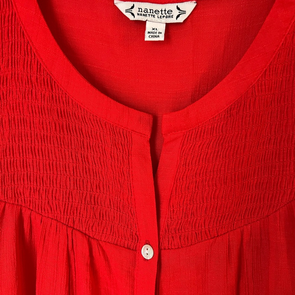 Nanette Lepore Vibrant Holiday Red Button Up Boho Blouse Top Unique Collar XL - Picture 4 of 8